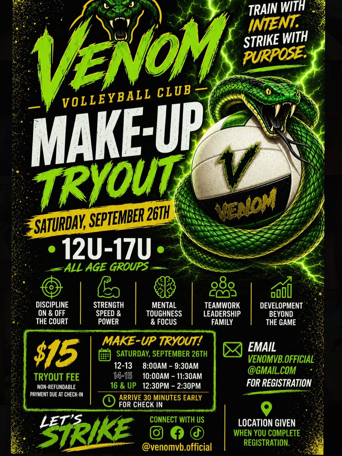 Venom Volleyball make-up tryout flyer, September 26