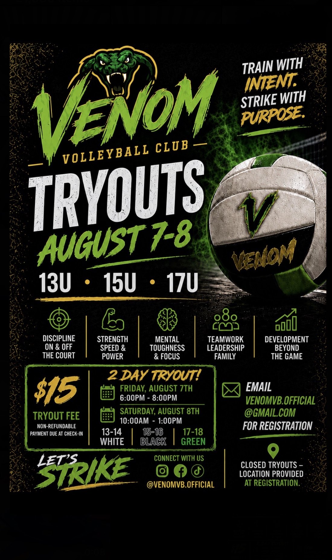 Venom Volleyball tryouts flyer, August 7-8, ages 13U 15U 17U